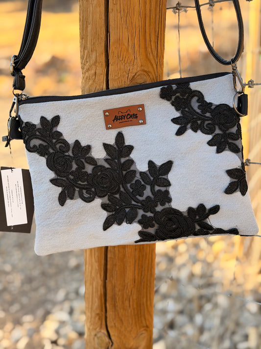 Black Floral Denim Bag