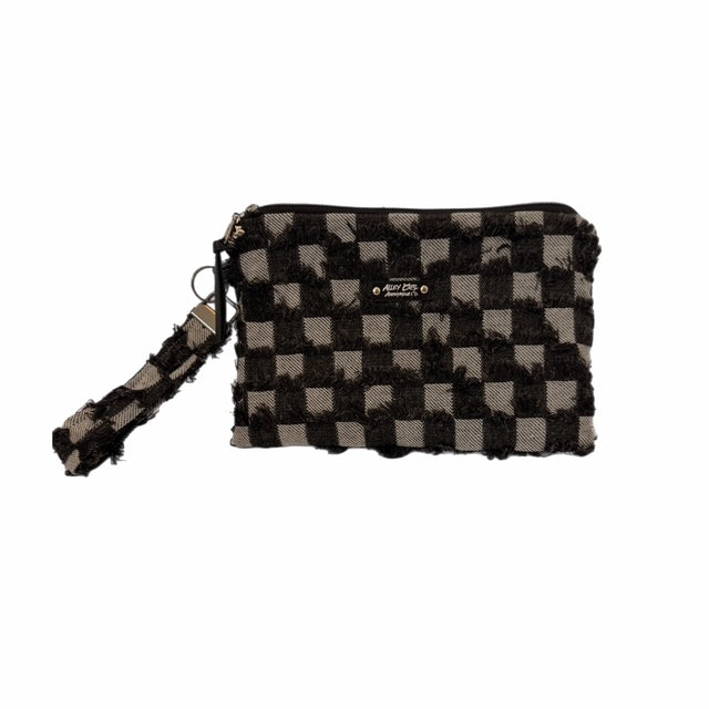 Black Checkered Denim Wristlet Bag