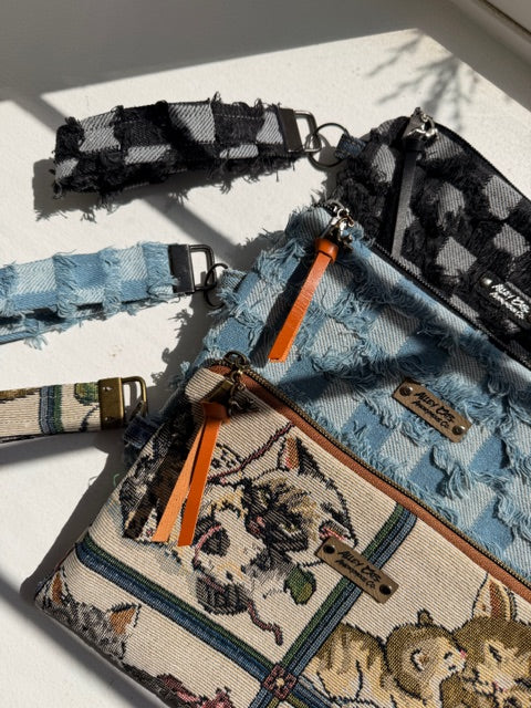 Black Checkered Denim Wristlet Bag