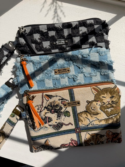 Black Checkered Denim Wristlet Bag