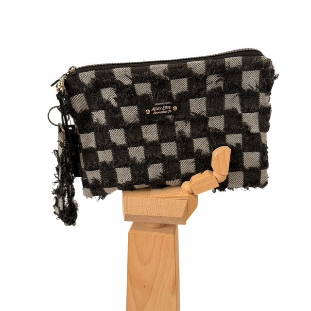 Black Checkered Denim Wristlet Bag