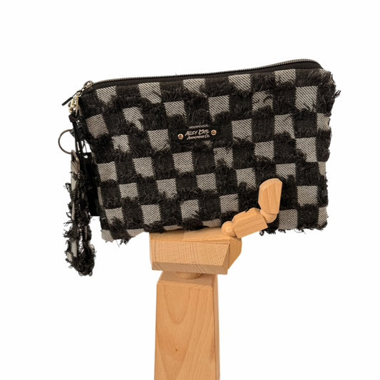 Black Checkered Denim Wristlet Bag