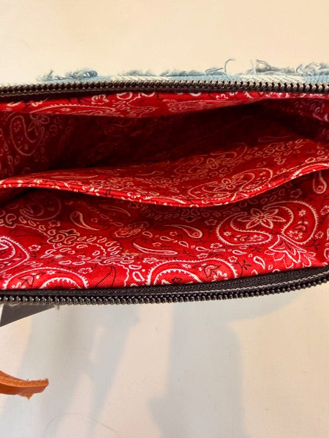 Light Denim Checkered Wristlet Bag